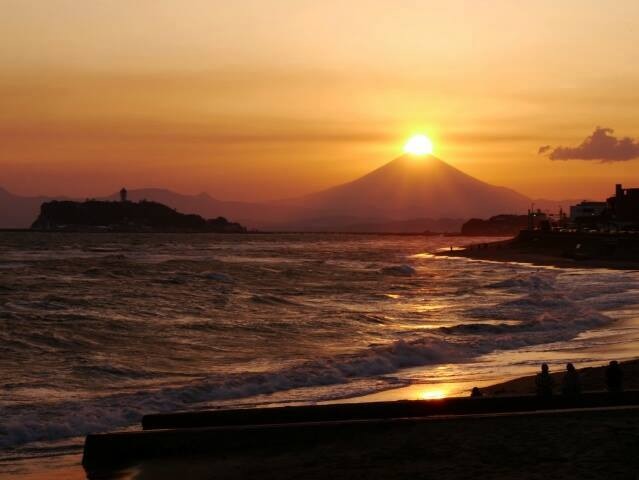 世界遺産富士山と江の島と夕日 富士山 風景等の写真 カメラでの撮影